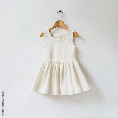 A simple sleeveless white dress for a child hanging on a wooden hanger against a plain white wall, creating a minimalistic and clean look.