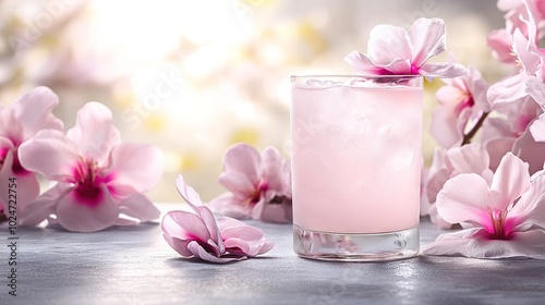  A close-up of a glass containing a drink on a table surrounded by pink flowers and a blurred background