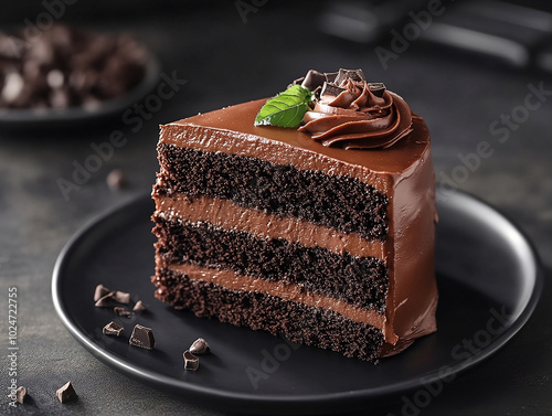 A slice of decadent chocolate cake with three layers of rich chocolate frosting, topped with a chocolate swirl and mint, served on a black plate, with chocolate chunks scattered around.
