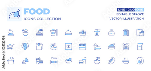 Food icons collection. Line Duotone style, editable stroke. spicy food, lettuce, japanese food, paper bag, food cart, food box, food stand, frozen, healthy food, fast food, food tray, yakisoba