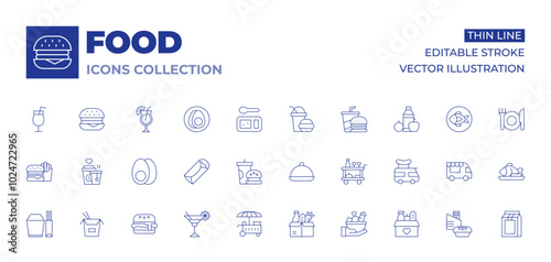 Food icons collection. Thin Line icons, editable stroke. burger, burrito, chinese food, cocktail, drinks, egg, fast food, food cart, food donation, food tray, food trolley, food truck