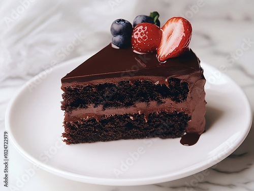 a slice of chocolate cake on a white plate. The cake is dark brown and has a glossy chocolate ganache topping. There are fresh strawberries and blueberries on top of the ganache. The plate is sitting