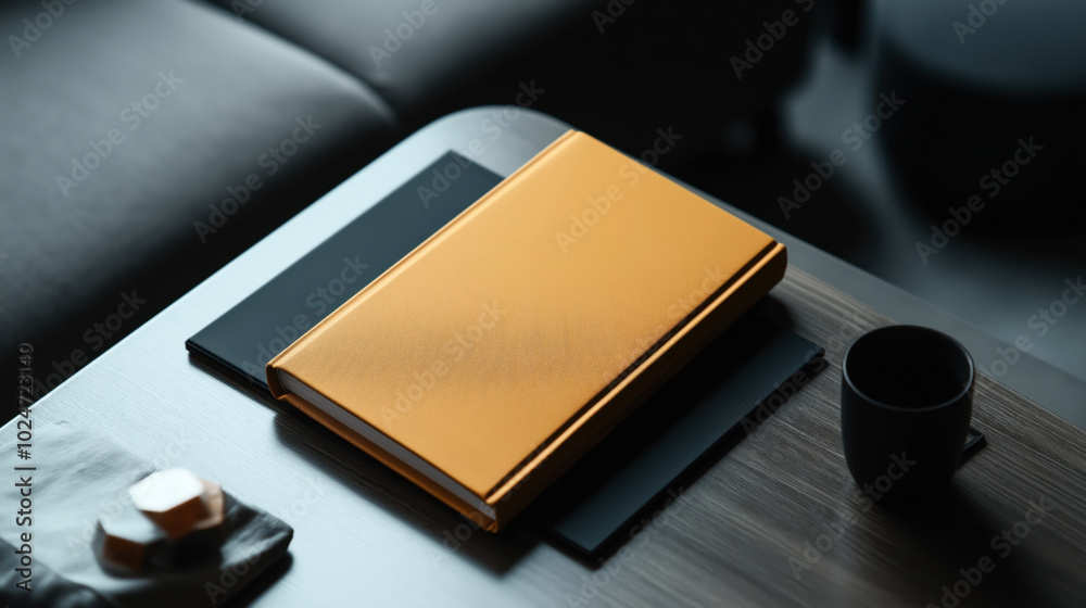 Close-up of a gold-colored book with black text on a modern wooden coffee table alongside a black mug and a closed laptop in a contemporary setting. Close-up of a gold-colored book with black text on a modern wooden coffee table alongside a black mug and a closed laptop in a contemporary setting.