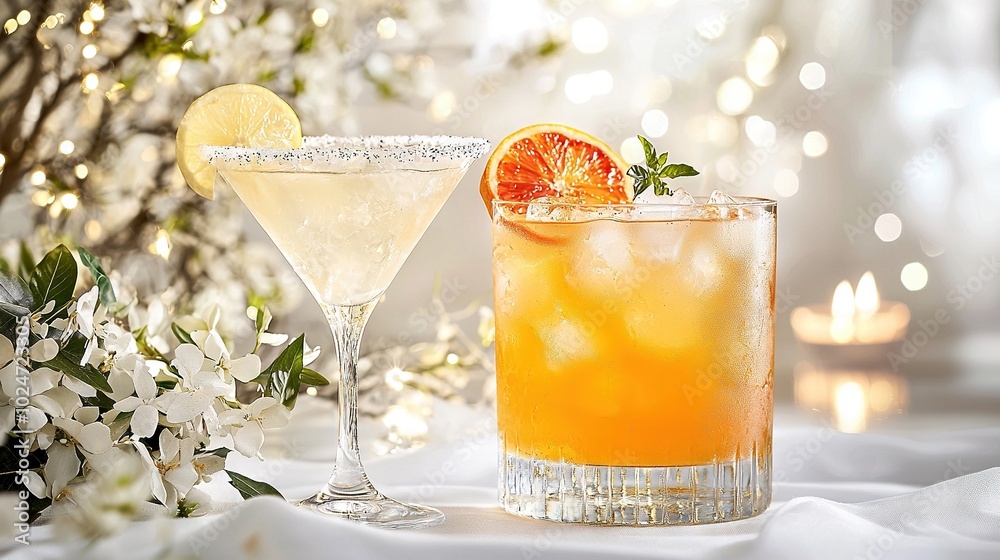 A few drinks sit on top of the table alongside a vase brimming with flowers and a slice of lemon A few drinks sit on top of the table alongside a vase brimming with flowers and a slice of lemon