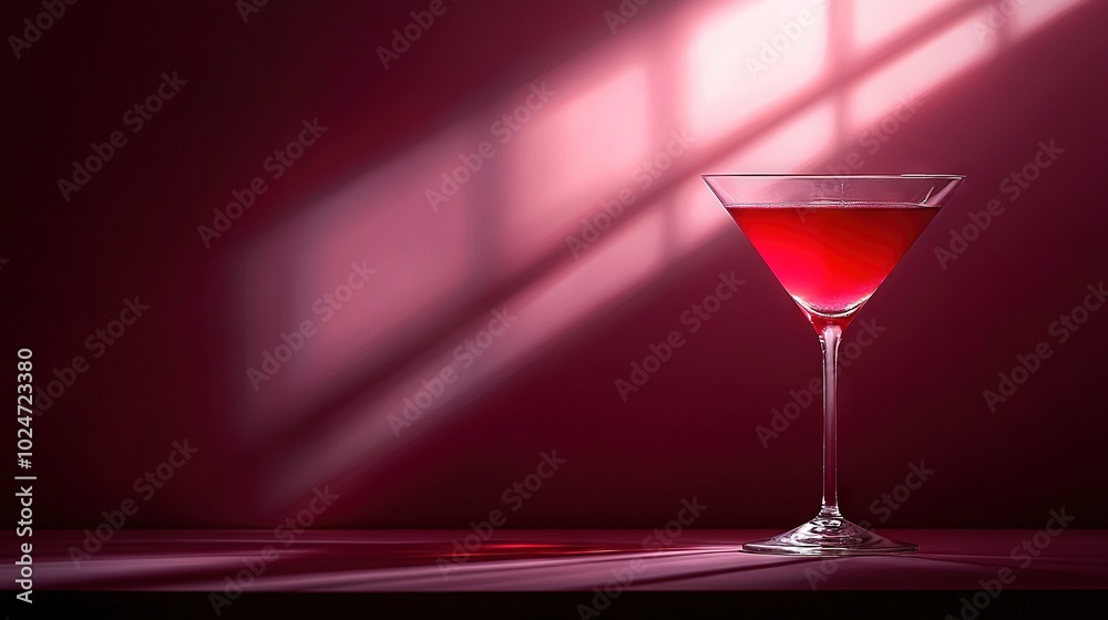 A wine glass sits on a table, with a window shadow looming behind it A wine glass sits on a table, with a window shadow looming behind it
