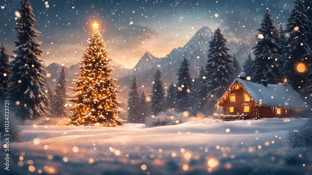 A magical panorama features a snowy landscape with a glowing Christmas tree and a cozy log cabin nestled in the pine forest under a starry night sky, evoking a dreamy winter wonderland. A magical panorama features a snowy landscape with a glowing Christmas tree and a cozy log cabin nestled in the pine forest under a starry night sky, evoking a dreamy winter wonderland.