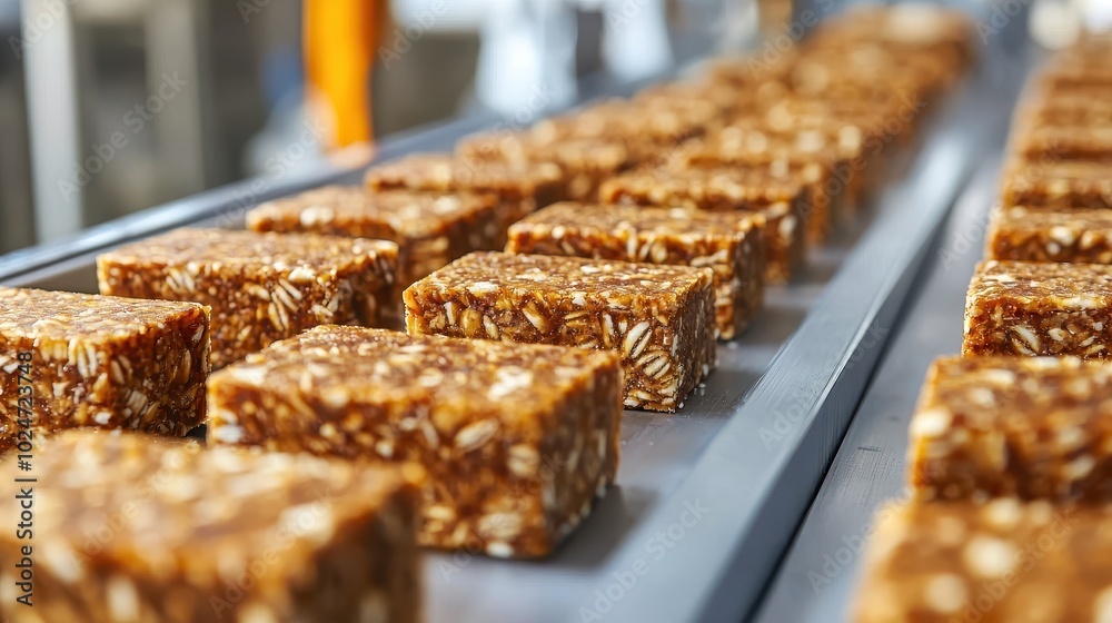 Close-up of a Conveyor Belt Filled with Golden Brown Granola Bars Close-up of a Conveyor Belt Filled with Golden Brown Granola Bars