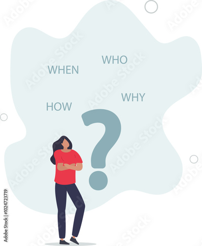 5w1h asking questions for solution to solve problem, thinking process or business analysis to get new idea concept.flat design with people.
