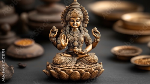 Intricately detailed bronze statue of a deity in meditative pose with multiple arms, surrounded by blurred traditional elements on a dark surface.