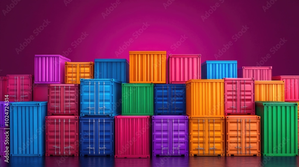 Vibrant stacked shipping containers against a bold pink background Vibrant stacked shipping containers against a bold pink background