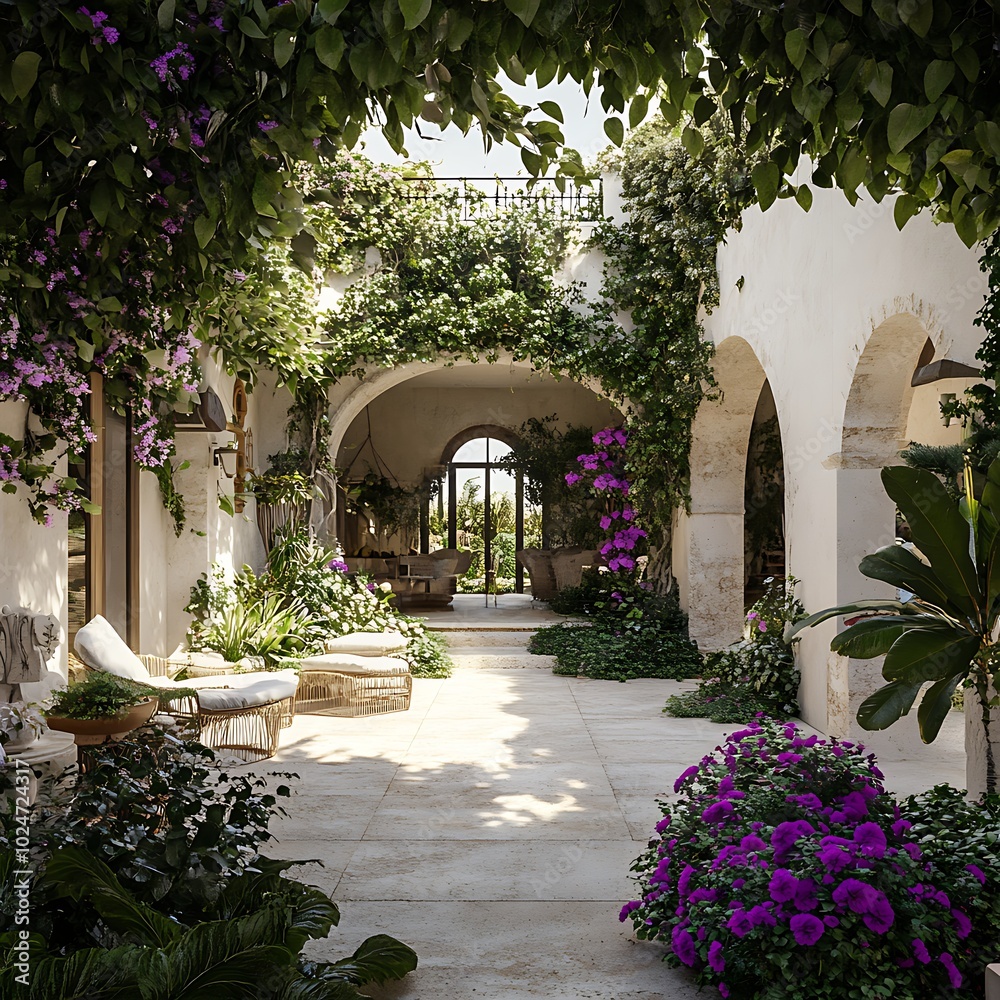 Fototapeta premium A serene courtyard adorned with lush greenery and vibrant flowers, inviting relaxation and tranquility.