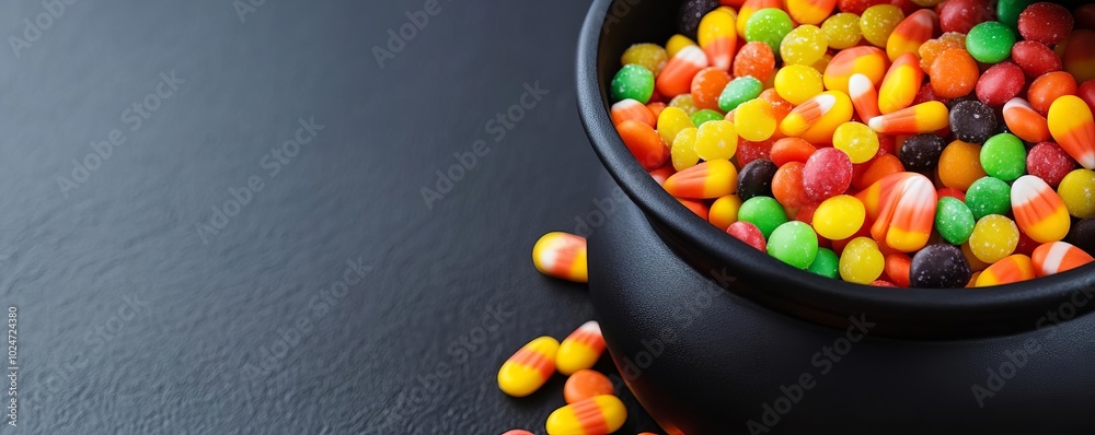 Close-up of colorful Halloween candies spilling out of a black cauldron, Halloween candy abundance, concept