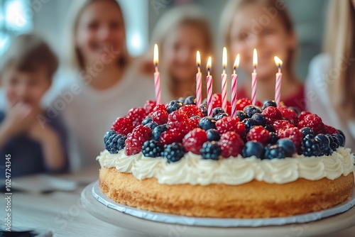 A birthday cake topped with berries and candles, surrounded by smiling people celebrating.