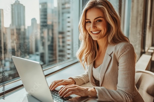 Successful Young Businesswoman Working on Laptop, Urban Cityscape View from Office Window