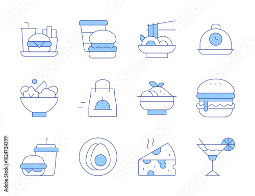 Food icons. Line Duotone style, editable stroke. eggs, fast delivery, tzatziki, salad, junk food, food tray, hamburger, fast food, cocktail, cheese, pad thai