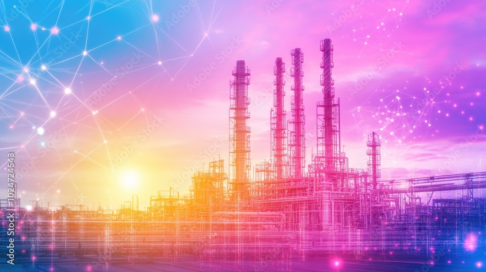 Obraz premium Futuristic industrial landscape: bright neon energy and digital technology network