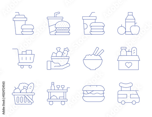 Food icons. Thin Line style, editable stroke. fast food, feeding, food donation, food trolley, food truck, grocery, hamburger, shopping cart, rice