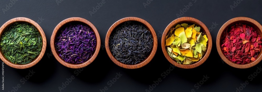Naklejka premium Herbal Tea Ingredients In Wooden Bowls On Black Background