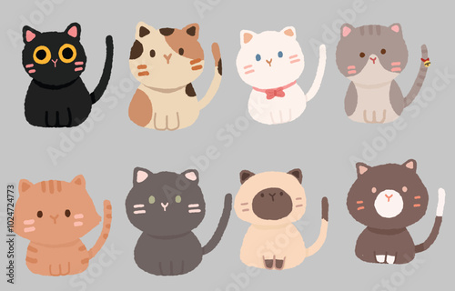 Set of cute cats flat cartoon pet animal icon character vector illustration