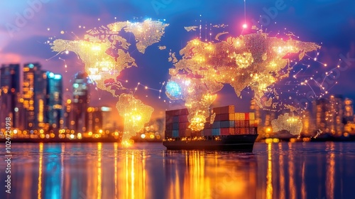 Global trade and commerce: illuminated world map and container ship at sunset