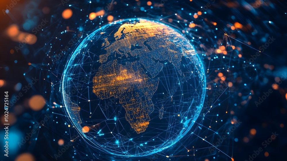 Obraz premium A digital globe with interconnected lines and nodes, representing global network connections and connectivity between different parts of the world
