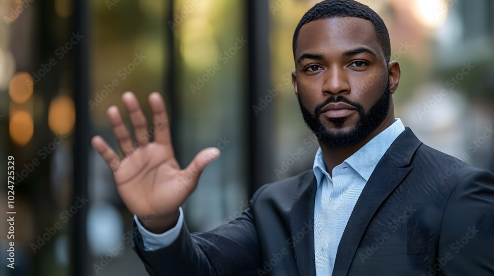 A professional businessperson in a black suit makes a stop gesture with a serious expression, captured in a close-up shot that conveys authority and confidence in a corporate environment. A professional businessperson in a black suit makes a stop gesture with a serious expression, captured in a close-up shot that conveys authority and confidence in a corporate environment.
