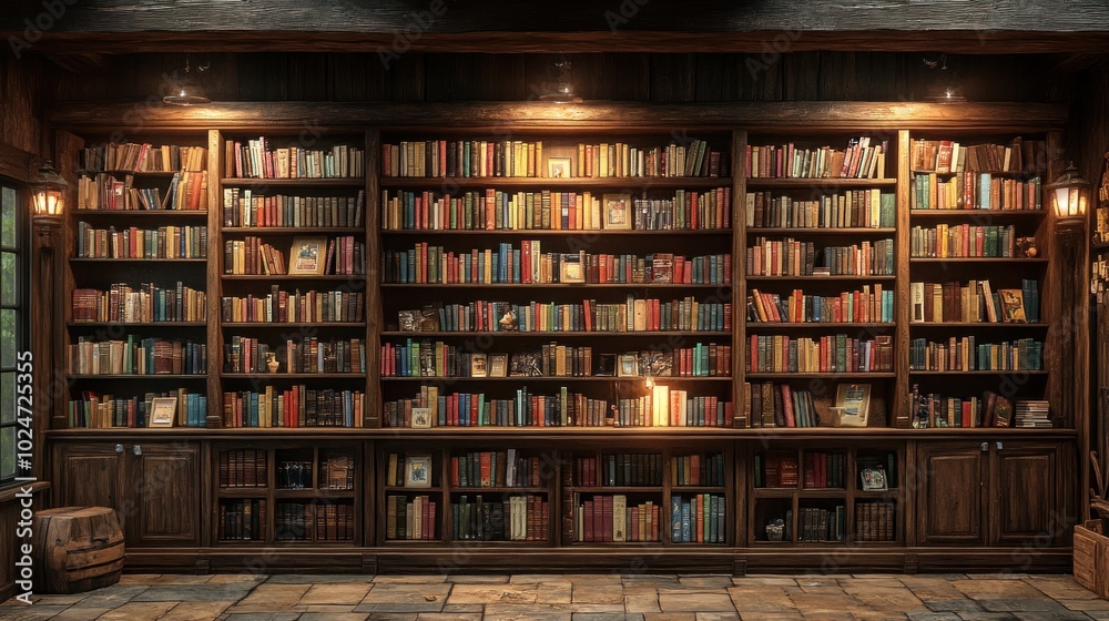 A wooden bookshelf filled with various books and decor items. A wooden bookshelf filled with various books and decor items.