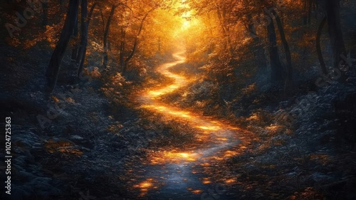 A serene forest path illuminated by warm autumn light.