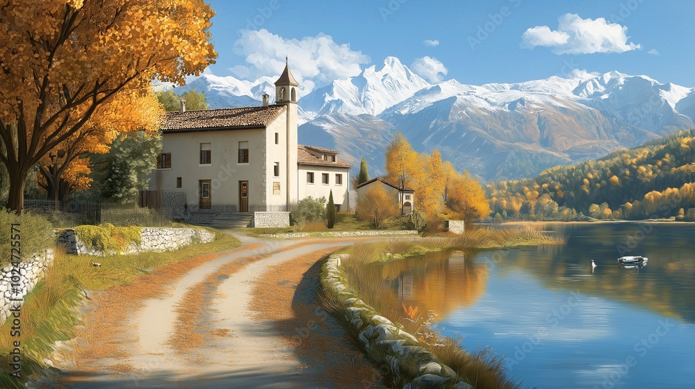 Obraz premium Tranquil Autumn Landscape with Mountain Background