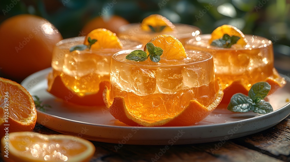 Delicious orange jelly in orange peel cups with fresh mint leaves Delicious orange jelly in orange peel cups with fresh mint leaves