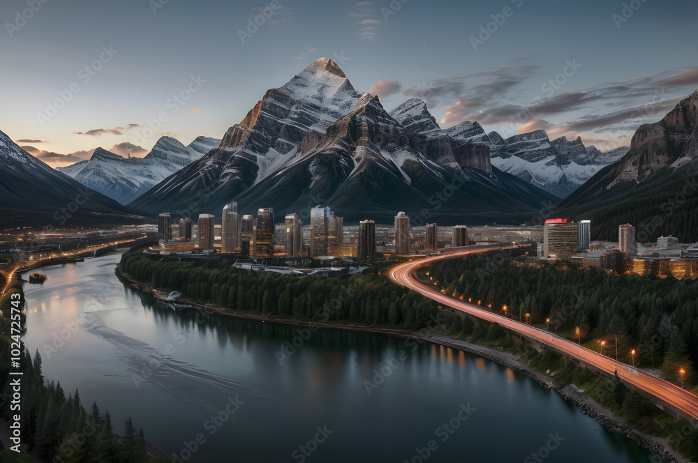 Naklejka premium Cities on the banks of rivers and beautiful mountains, with buildings and houses.