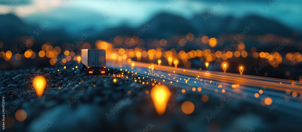 © M - High-definition 3D rendering of a truck on the road surrounded by goods, with data flow lines on a blue background, showcasing clean technology and logistics. © M - High-definition 3D rendering of a truck on the road surrounded by goods, with data flow lines on a blue background, showcasing clean technology and logistics.