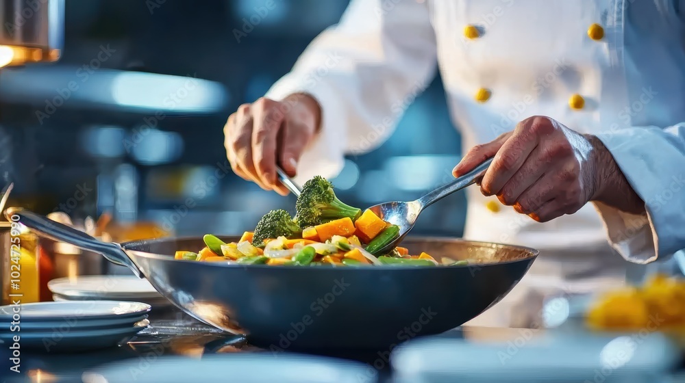 Skillful Chef Cooking Colorful Vegetable Stir Fry with Carrots, Broccoli, and Snap Peas in Traditional Wok Skillful Chef Cooking Colorful Vegetable Stir Fry with Carrots, Broccoli, and Snap Peas in Traditional Wok