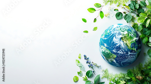 Earth globe surrounded by green leaves symbolizes environmental awareness