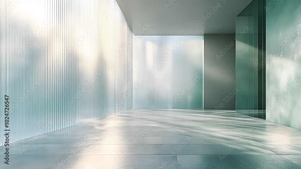 A transparent glass wall with ribbed texture and frosted effect diffuses light in a modern architectural setting, showcasing clean lines and geometric patterns for an ethereal atmosphere. A transparent glass wall with ribbed texture and frosted effect diffuses light in a modern architectural setting, showcasing clean lines and geometric patterns for an ethereal atmosphere.