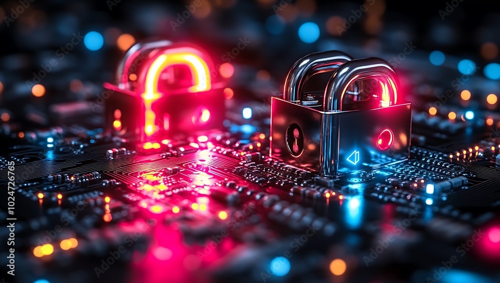 Glowing blue digital padlock on an electronic circuit board, symbolizing active cybersecurity and data protection. The futuristic lock, paired with another closed padlock, emphasizes the concept of hi Glowing blue digital padlock on an electronic circuit board, symbolizing active cybersecurity and data protection. The futuristic lock, paired with another closed padlock, emphasizes the concept of hi