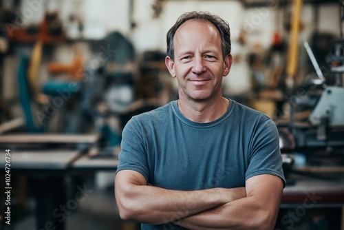 Smiling male worker in a blue t-shirt with arms crossed 