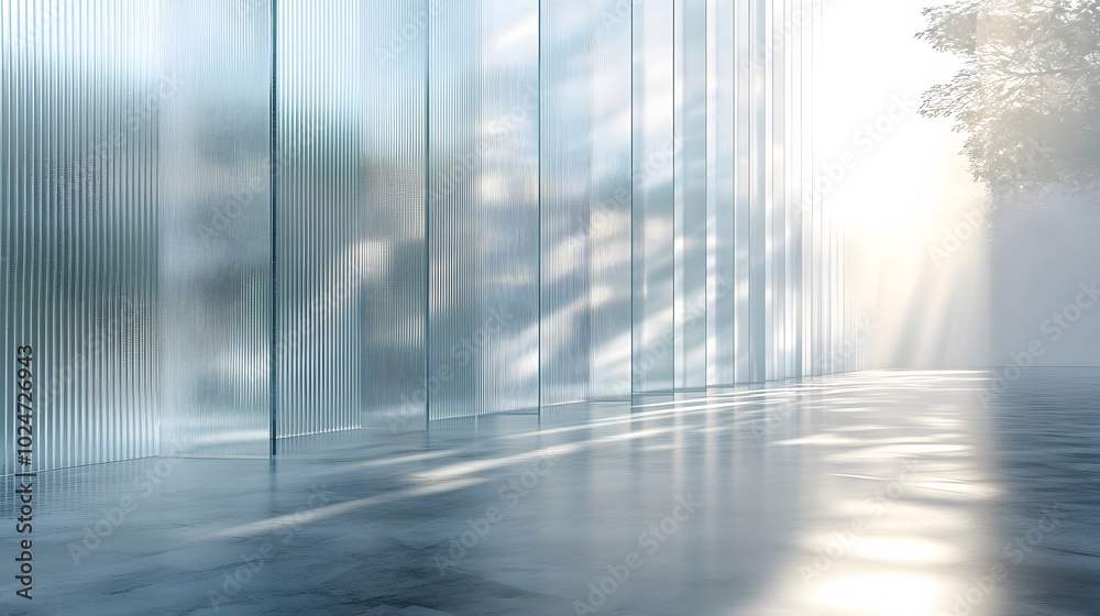 A transparent glass wall with ribbed texture and frosted effect diffuses light in a modern architectural setting, showcasing clean lines and geometric patterns for an ethereal atmosphere.
