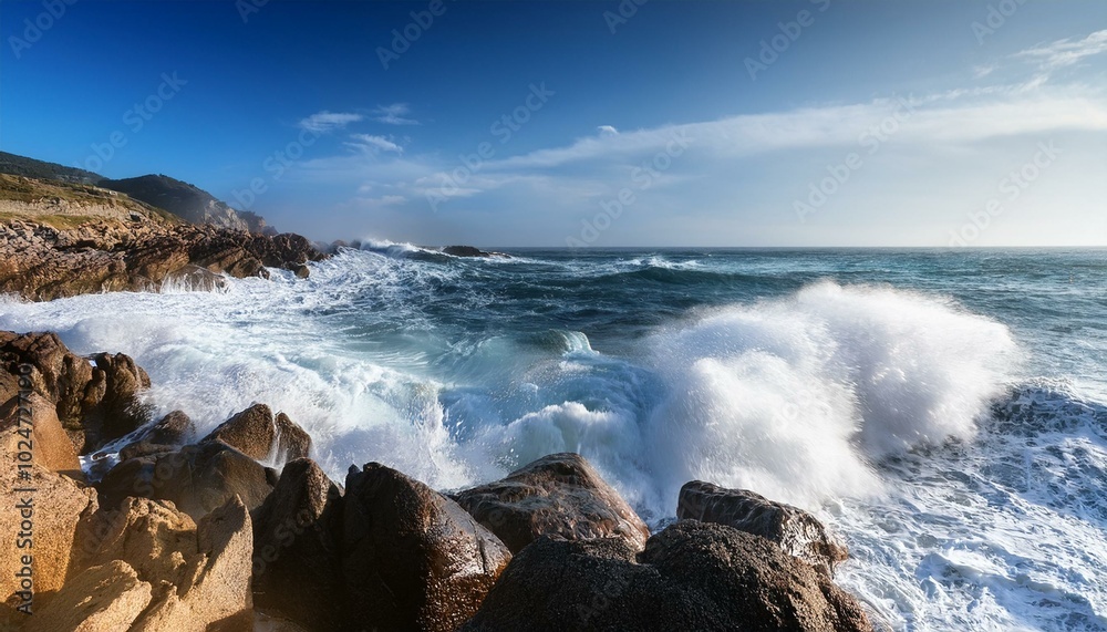 Ocean waves crashing and breaking on the rocks by the water; landscape photography Ocean waves crashing and breaking on the rocks by the water; landscape photography