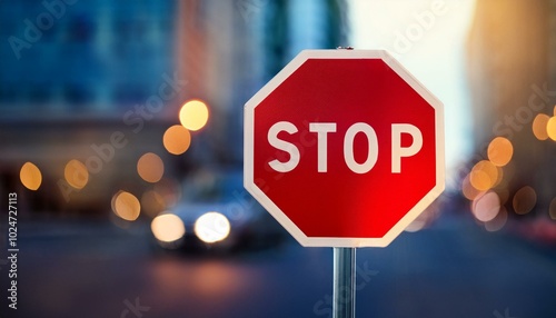A red stop sign at street intersection; selective focus; blurred background