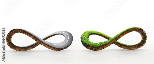 3d illustration of infinity road and infinity environment concept. Infinity symbol road in adventure route concept. infinite earth land with green grass isolated or never ending design advertisement. photo