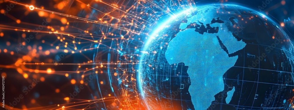 A digital globe with interconnected lines and nodes, representing global network connections and connectivity between different parts of the world A digital globe with interconnected lines and nodes, representing global network connections and connectivity between different parts of the world