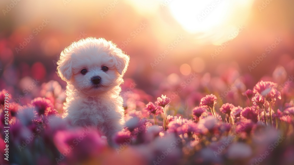 Fototapeta premium Puppy in Flower Field.