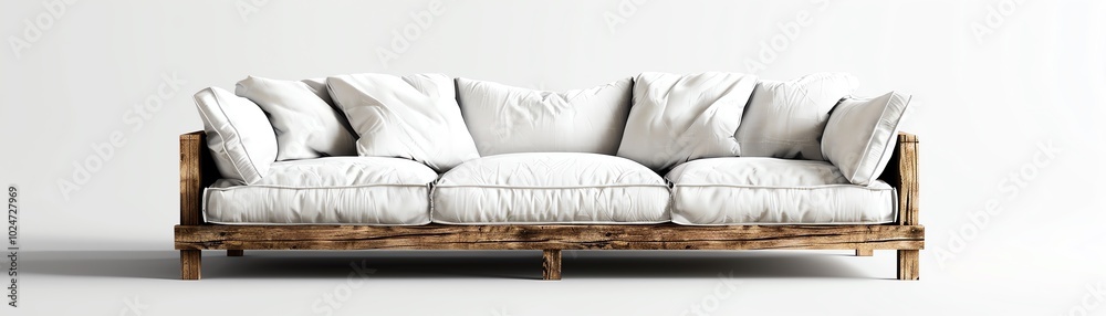 Obraz premium A rustic farmhouse sofa, distressed wood, linen cushions, natural tones, isolated on white background