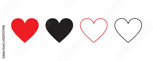 Love Heart Symbol icons set. Heart,love,romance valentine's day red heart.Red and black love icon Vector art. Solid and Outline Vector Hearts.Artistic red heart love symbols isolated editable vector