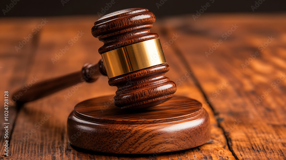 Wooden judges gavel on wooden table, symbolizing justice and authority Wooden judges gavel on wooden table, symbolizing justice and authority