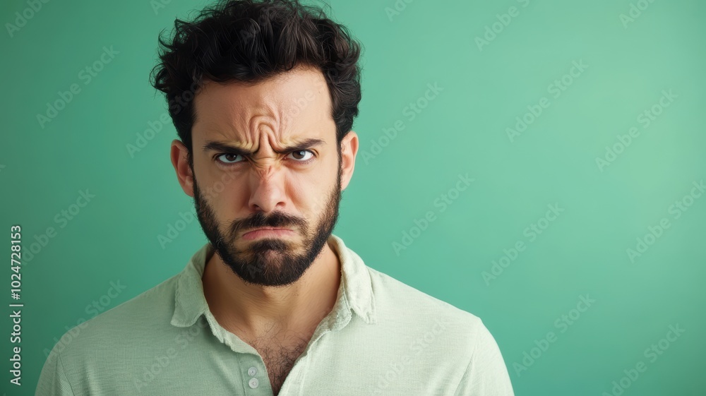 Close-up of an angry man with a fierce frown and intense glare, expressing frustration and aggression against a green background. Close-up of an angry man with a fierce frown and intense glare, expressing frustration and aggression against a green background.