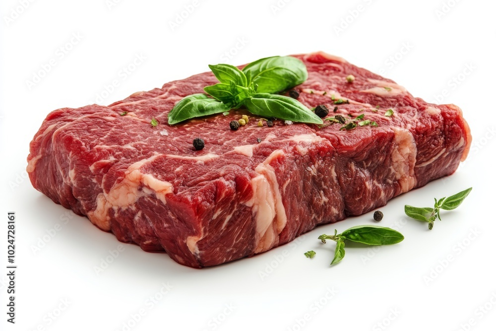 Raw Beef Steak with Basil and Peppercorns Fresh Meat Ingredient Isolated on White Backgr Raw Beef Steak with Basil and Peppercorns Fresh Meat Ingredient Isolated on White Backgr