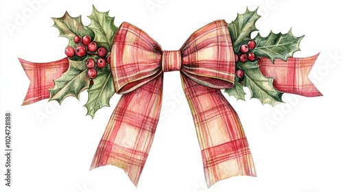 a charming Christmas bow clipart, holly berry accents, watercolor illustration, red plaid, isolated on white background,