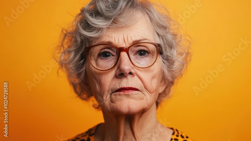 Portrait of a serious young girl with striking blue eyes and freckles, set against a soft green background, capturing a calm and introspective mood.